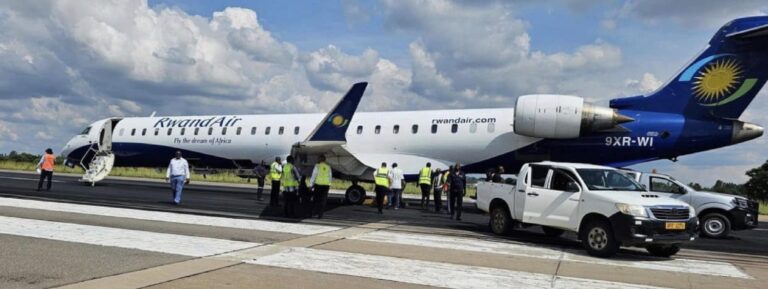 RwandAir Bombardier CRJ-900 aircraft experienced left landing gear wheel Tyre burst while landing