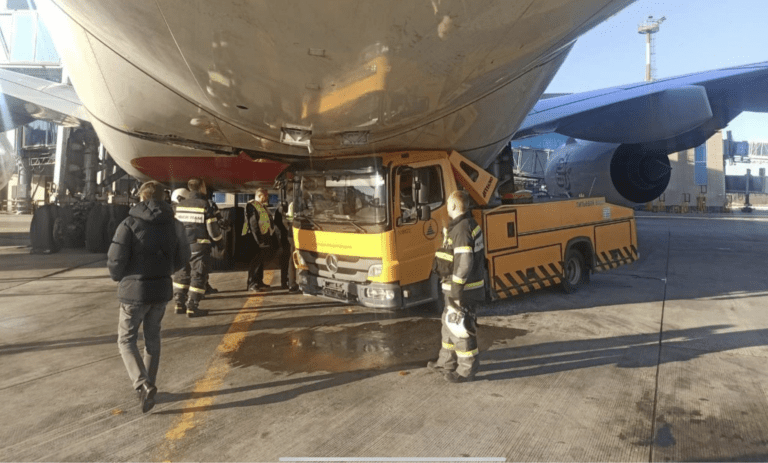 Emirates Airbus A380-861 aircraft (A6-EDM) has received major damage by a ground vehicle