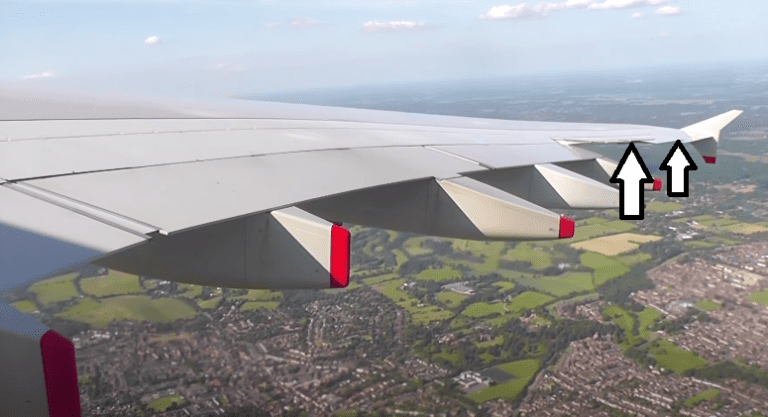 Why does the A380 have 3 different ailerons that move in different directions on each wing?