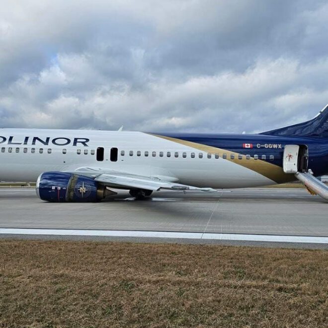 Nolinor B734 at Montreal on Nov 27th 2024, one main gear up landing