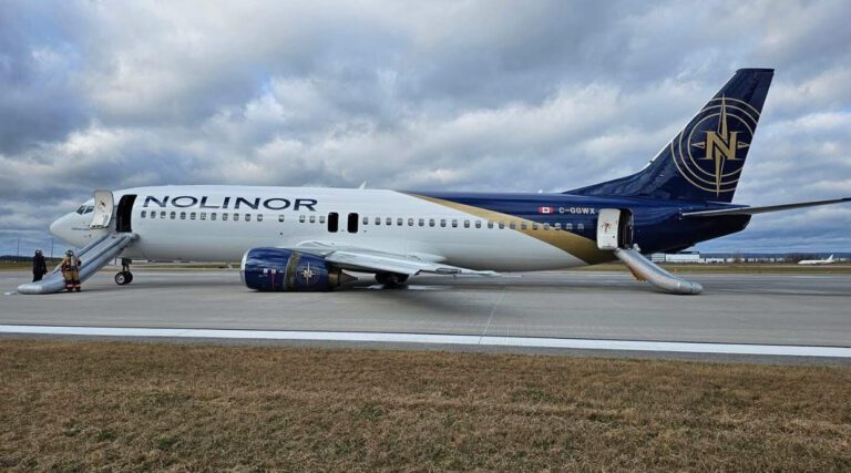 Nolinor B734 at Montreal on Nov 27th 2024, one main gear up landing