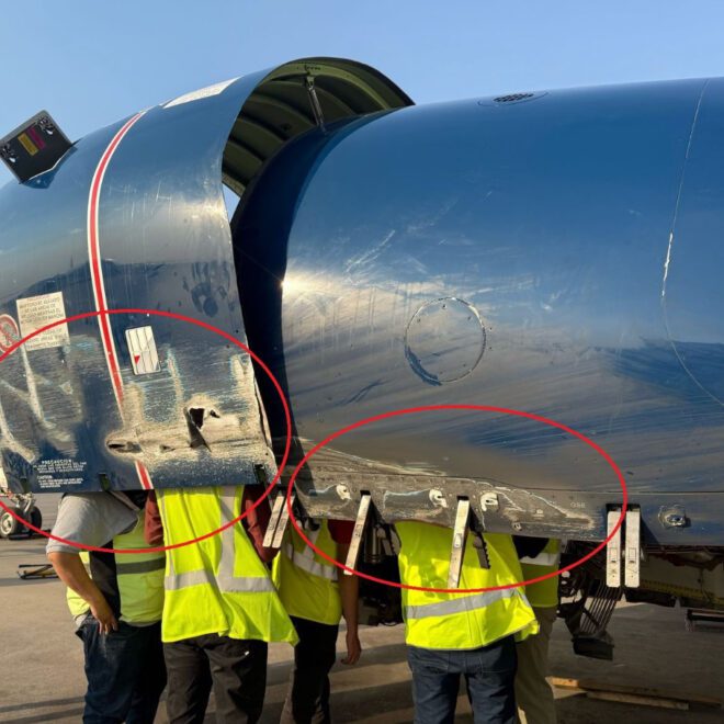 An Aeroméxico Boeing 737 MAX 9 aircraft with registration XA-MFO, suffered damage to its Left engine upon landing