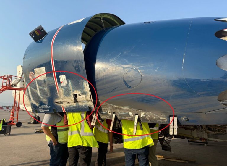 An Aeroméxico Boeing 737 MAX 9 aircraft with registration XA-MFO, suffered damage to its Left engine upon landing